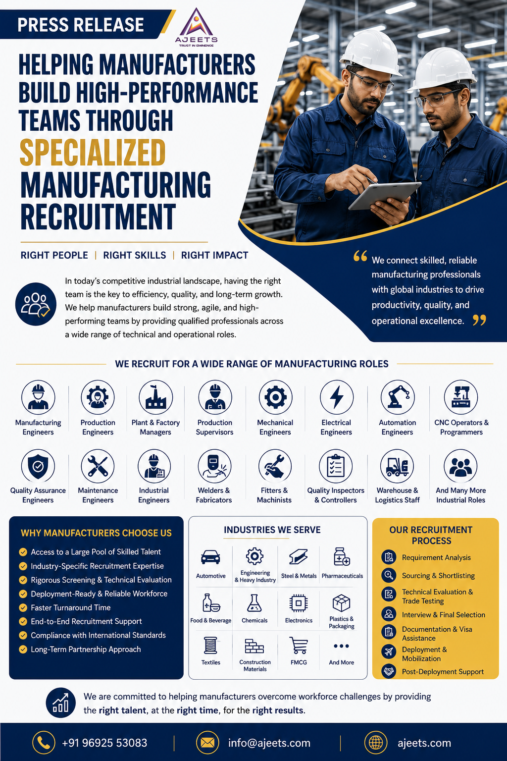 Manufacturing recruitment press release promoting AJEETS' Chief Manufacturing Recruitment Services for global industrial employers.