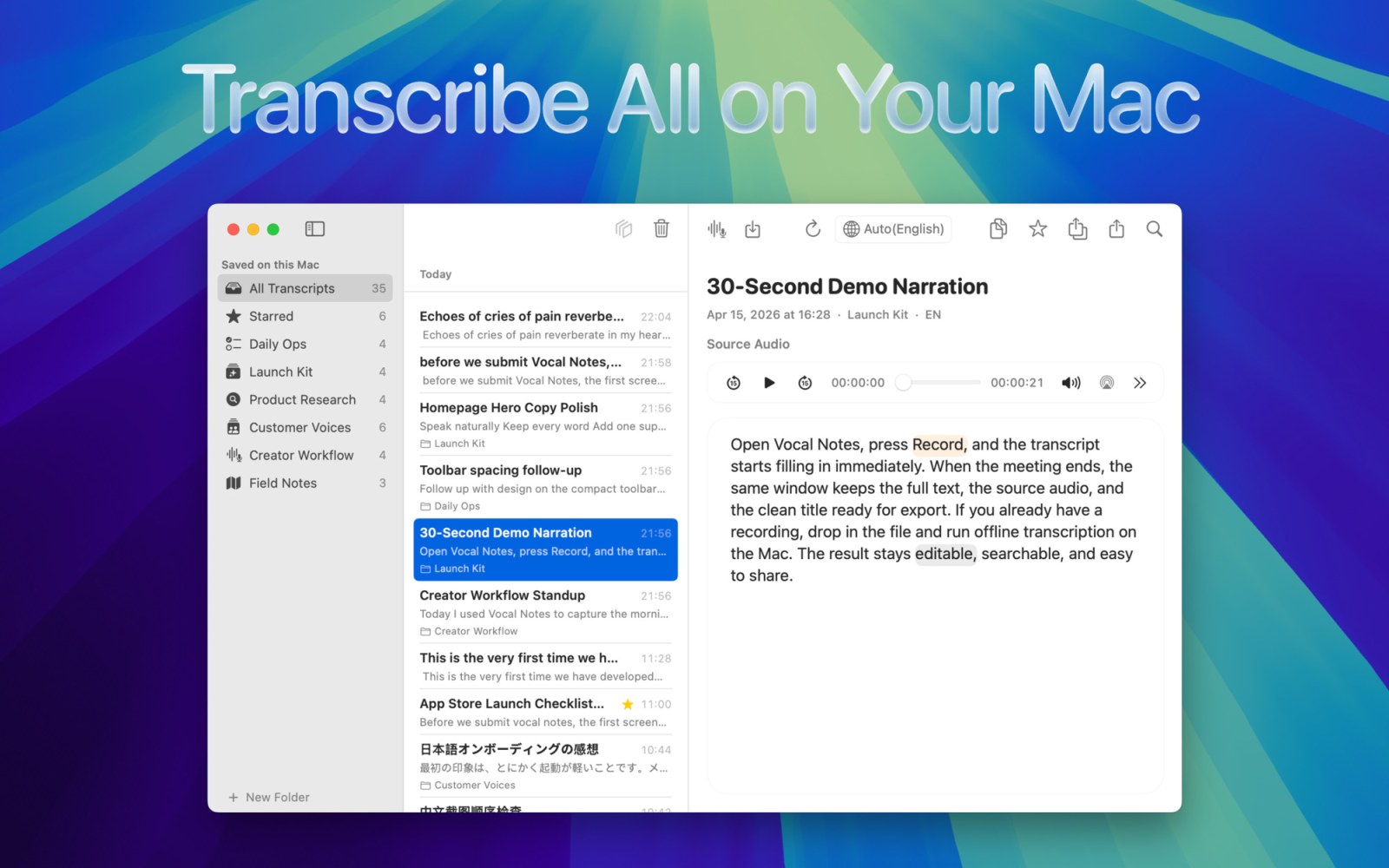 Vocal Notes native macOS transcription workspace