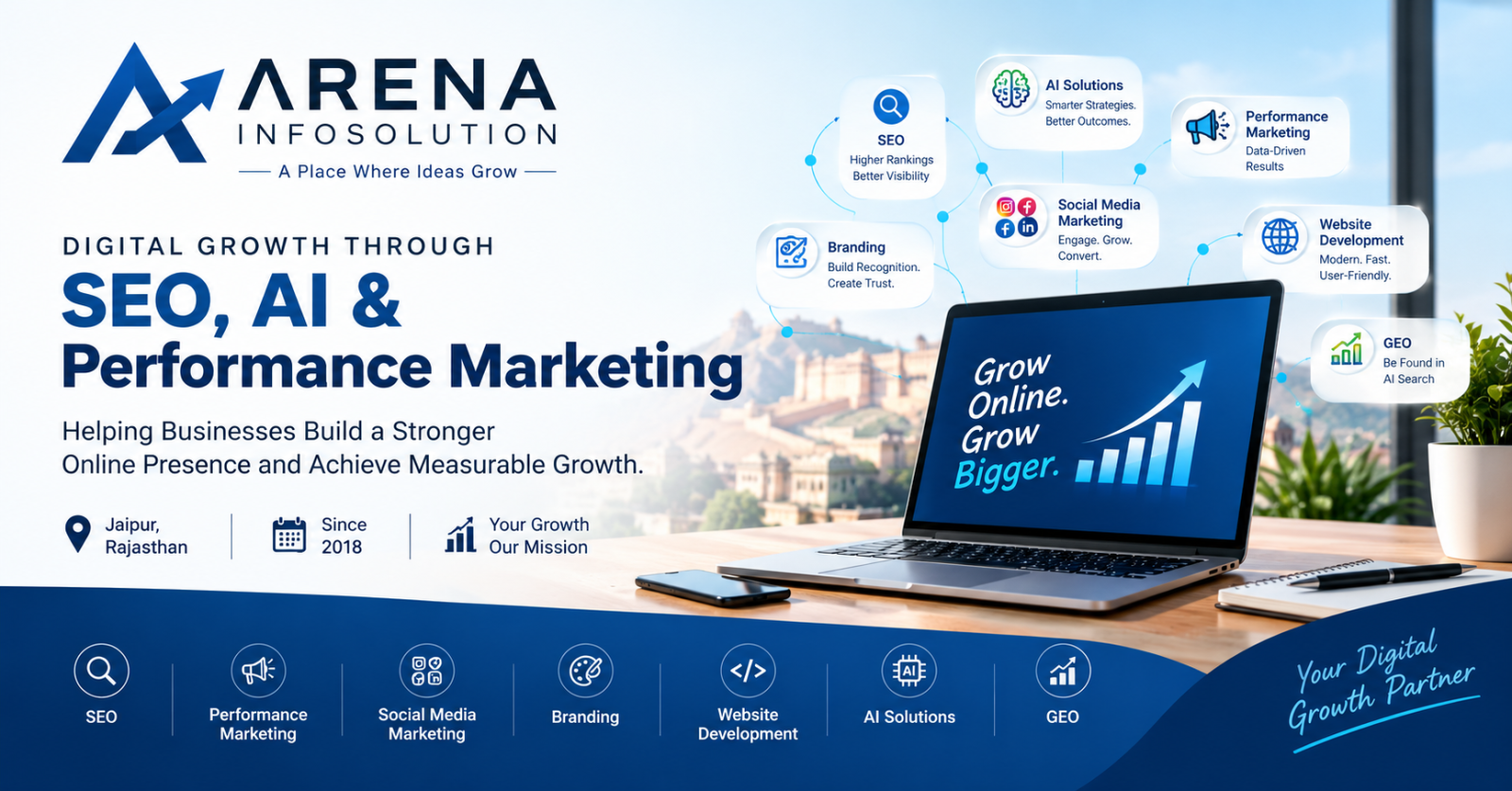 Arena Infosolution digital marketing agency offering SEO, AI solutions, performance marketing, social media marketing, branding, website development, and GEO services in Jaipur.