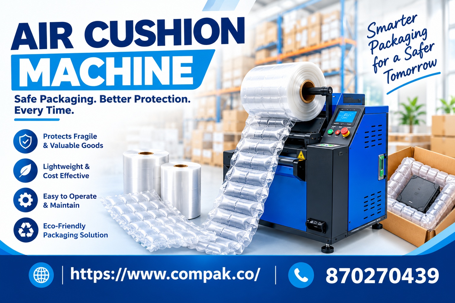Air Cushion Machine for protective packaging with air-filled cushioning film, showcasing Compak packaging solutions.