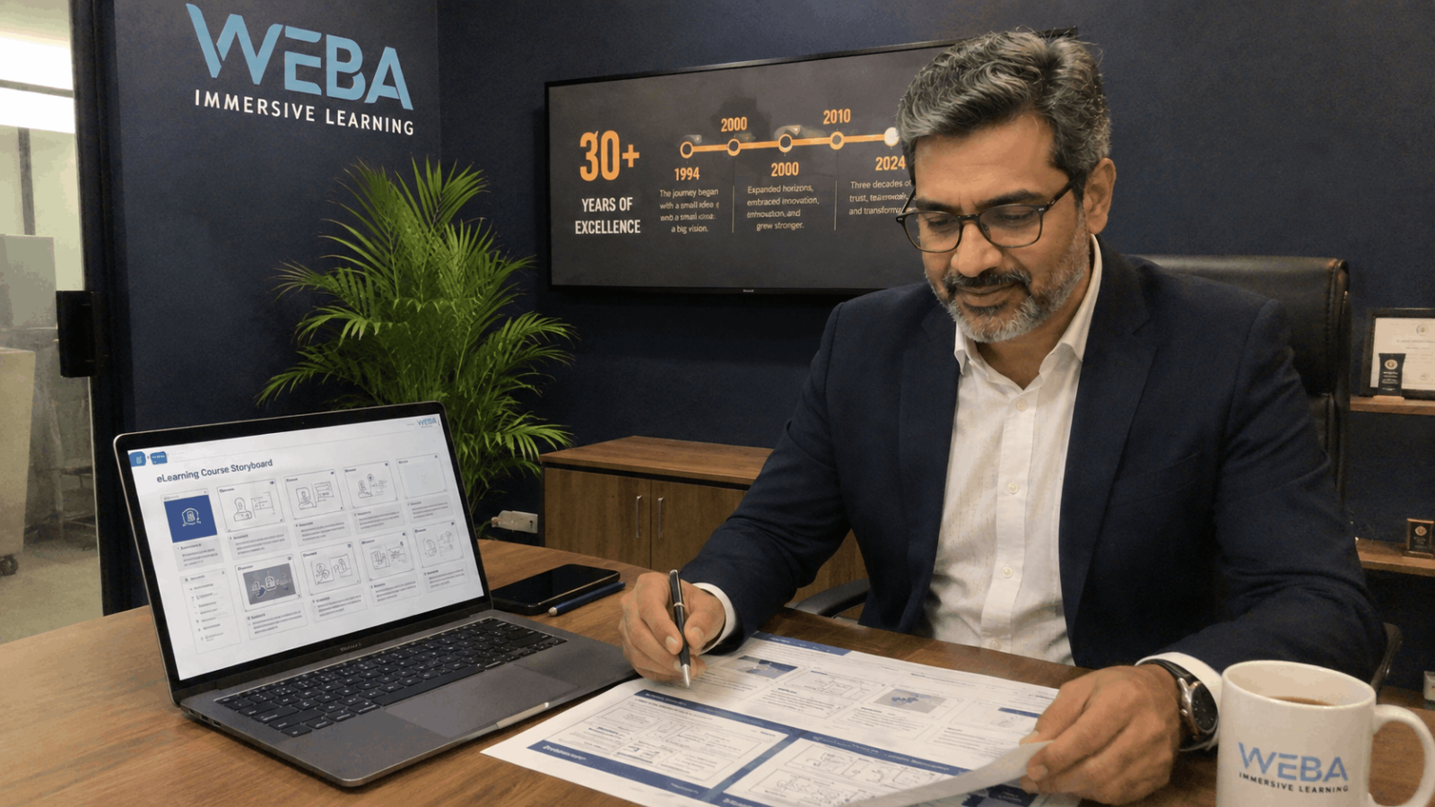 A senior Webalearn consultant reviews a custom eLearning content development storyboard, applying instructional design principles built on more than 30 years of industry experience.