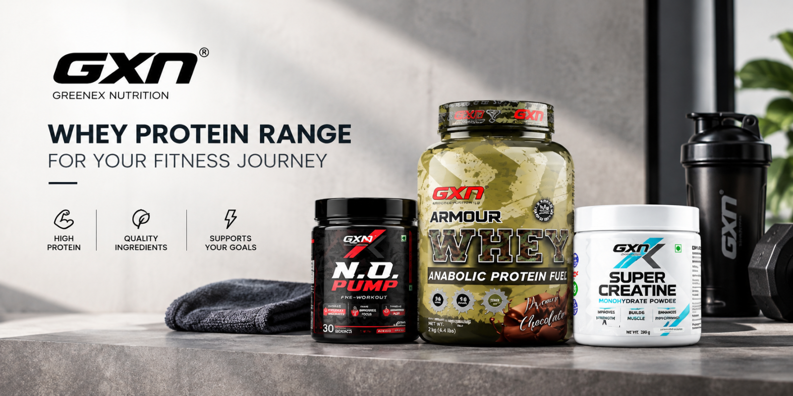 GXN whey protein range for fitness and nutrition needs