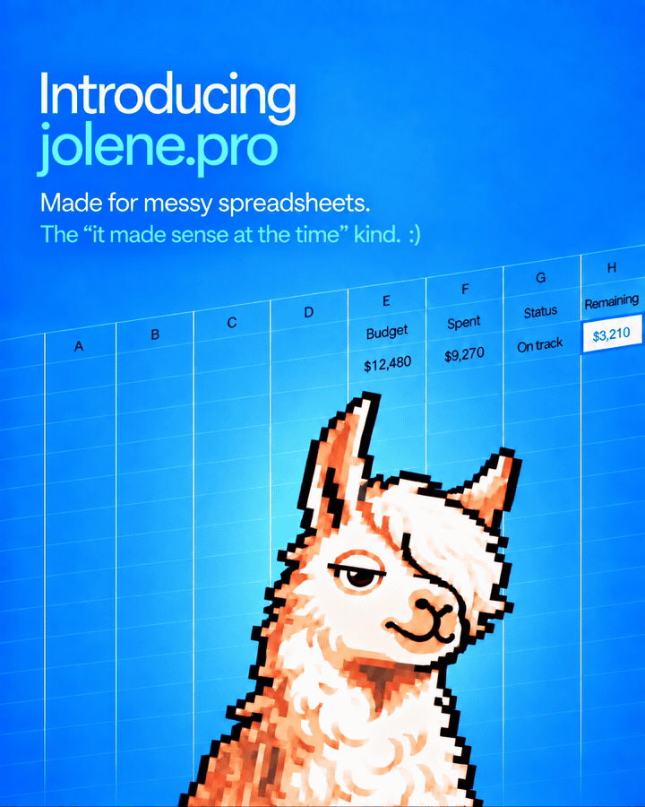 Jolene.pro spreadsheet analysis workspace showing a workbook result with supporting source-cell references