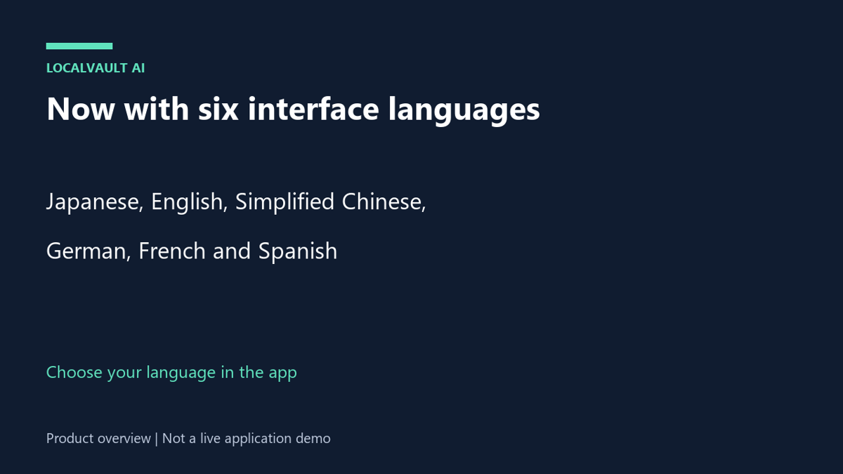 LocalVault AI supports Japanese, English, Chinese, German, French and Spanish