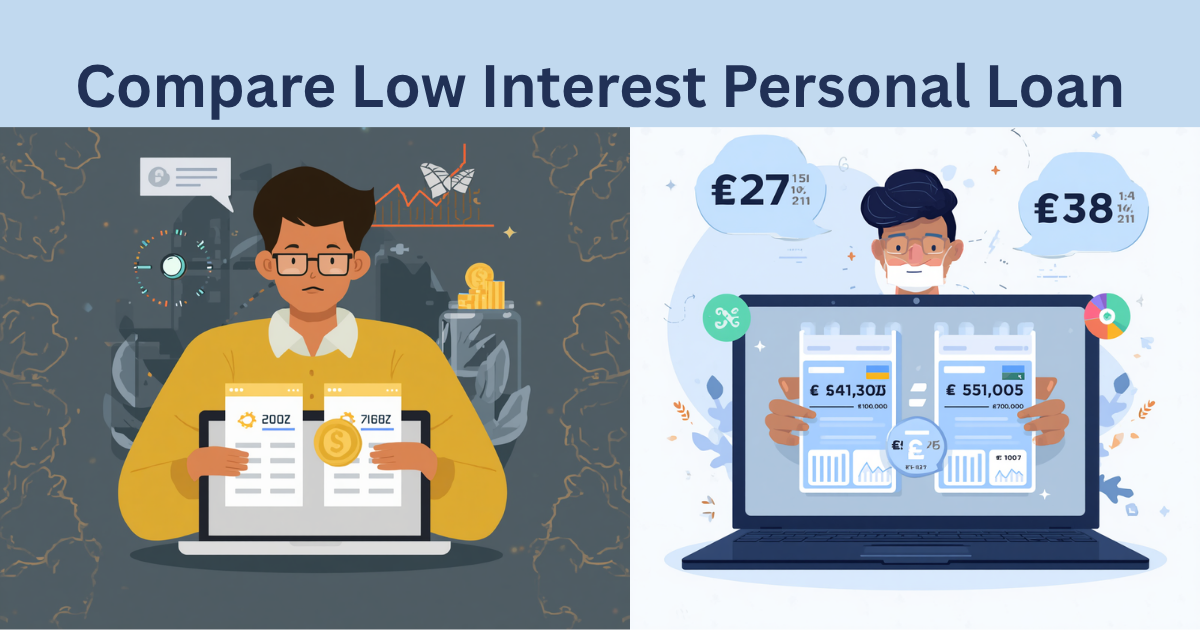 Indian borrower comparing low interest personal loan offers based on interest rate, EMI, tenure, fees and total repayment.