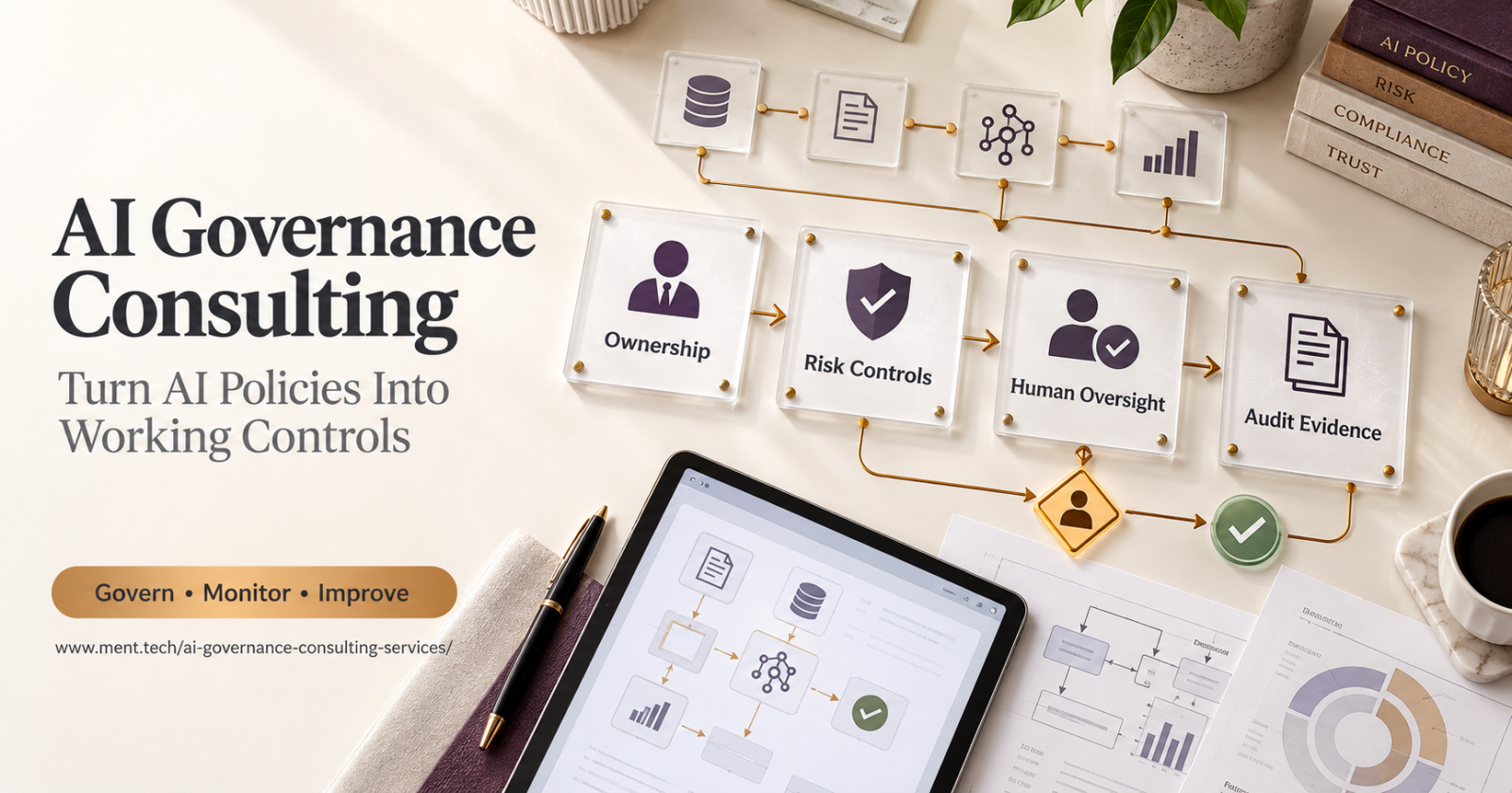 Enterprise AI governance consulting framework showing ownership, risk controls, human oversight and audit evidence.
