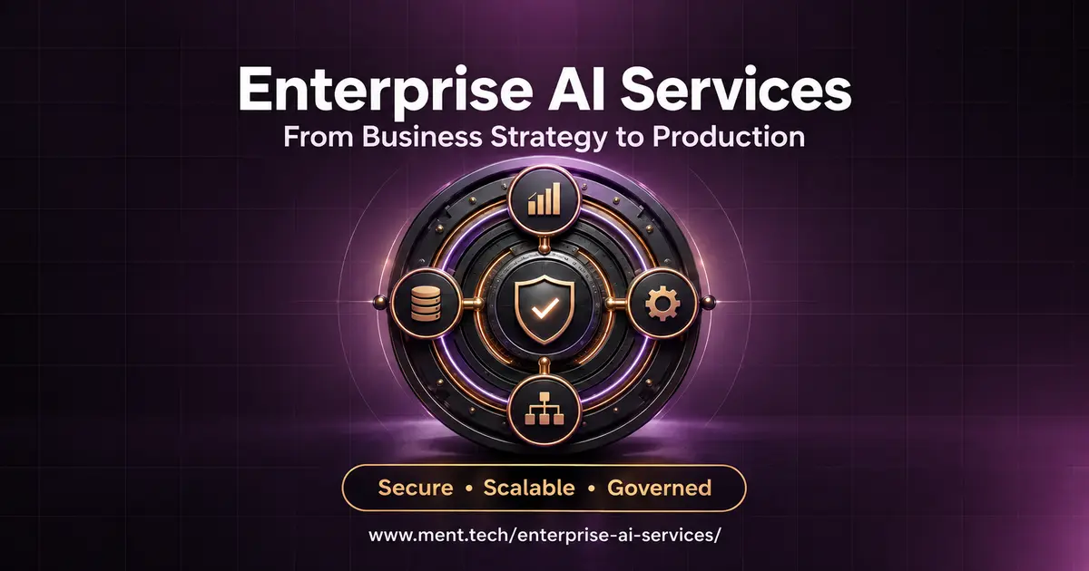 Enterprise artificial intelligence services visual connecting business workflows, enterprise data, AI models, governance controls and production operations.