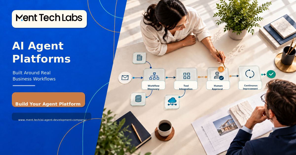 Ment Tech Labs enterprise AI agent platform workflow showing tool integration, human approval and continuous improvement.