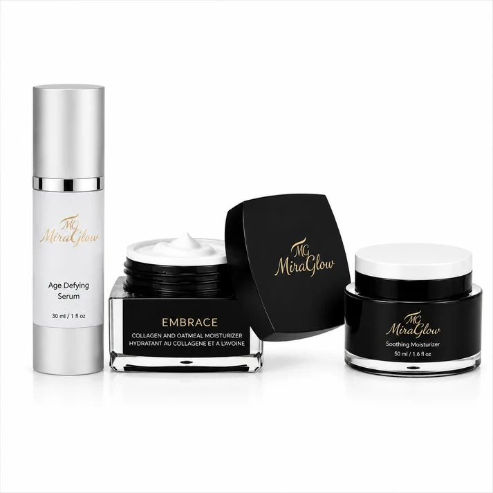 MiraGlow Anti Aging Routine Bundle featuring retinol serum, peptide and caffeine eye cream, and oat and vitamin E moisturizer