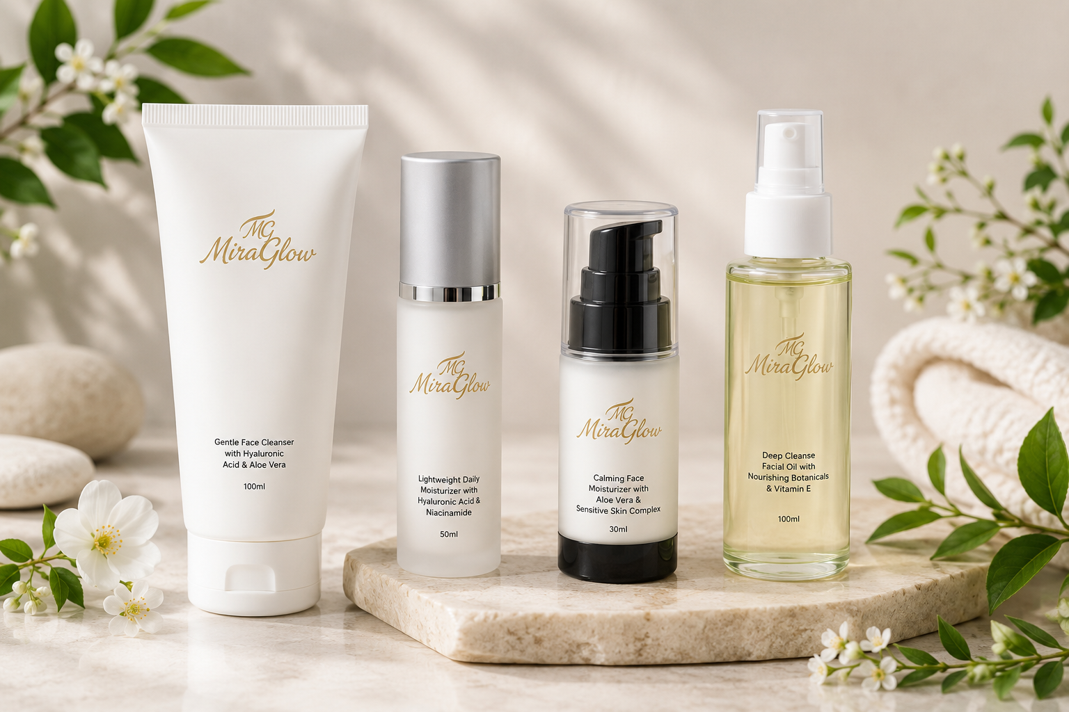 MiraGlow anti-aging skincare brand launch announcement with modern beauty products