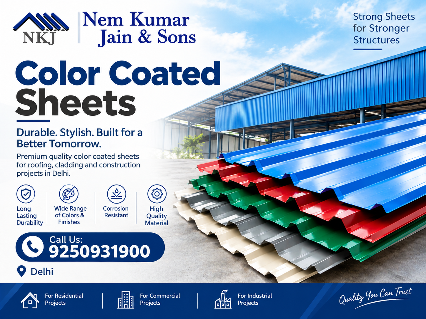 Premium PUF insulation panels displayed with a modern industrial building, highlighting thermal insulation, durability, and energy efficiency.