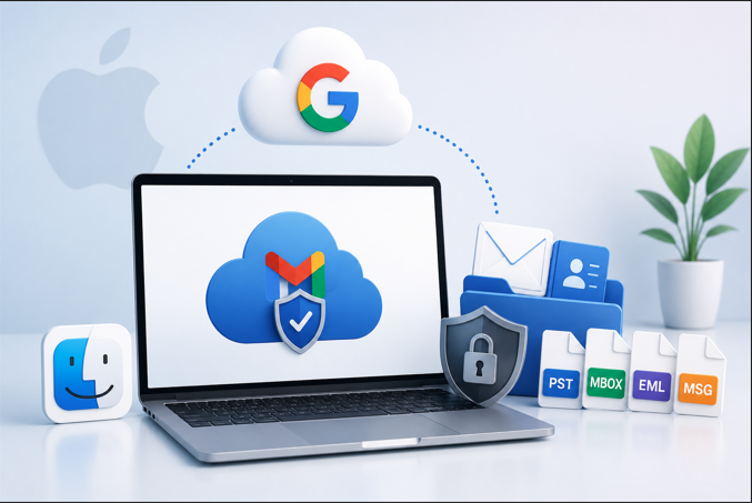 Mailvita G Suite Backup for Mac illustrating secure Google Workspace email backup, offline mailbox protection, and export to PST, MBOX, EML, EMLX, and MSG formats on macOS.