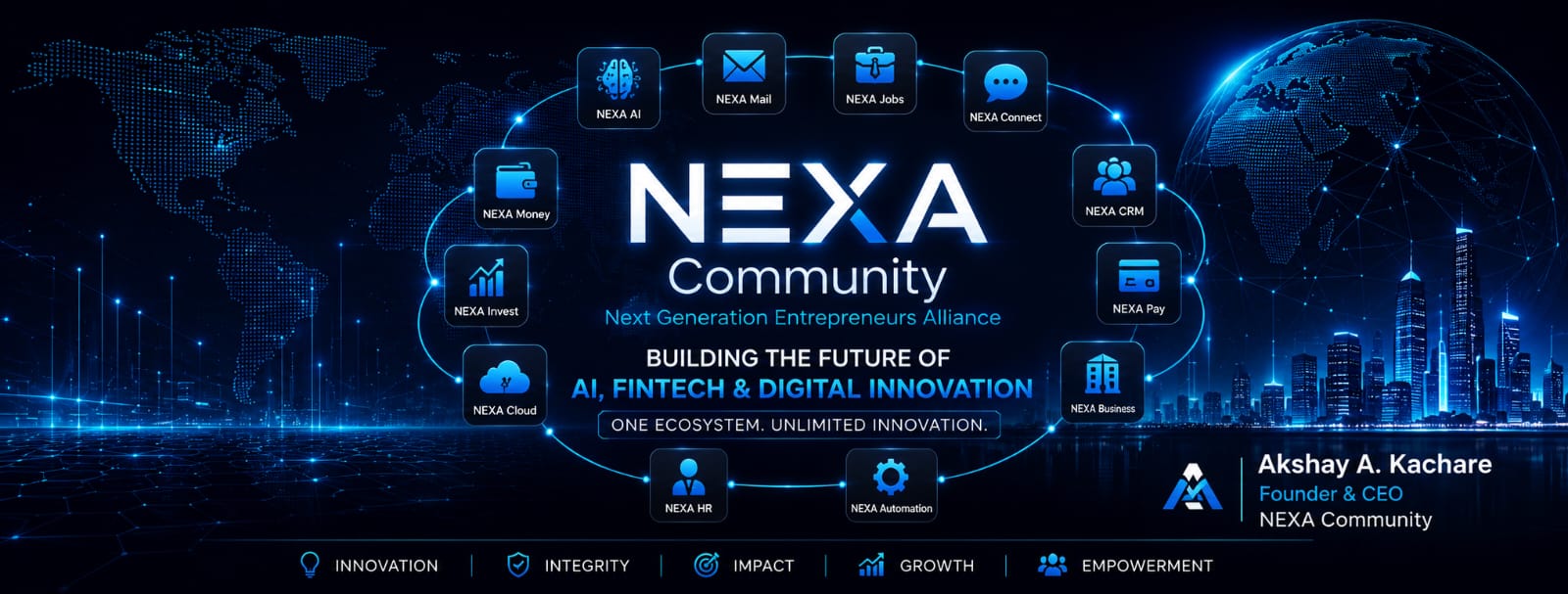 NEXA Community digital ecosystem featuring NEXA Jobs, artificial intelligence, fintech, technology, and global career opportunities