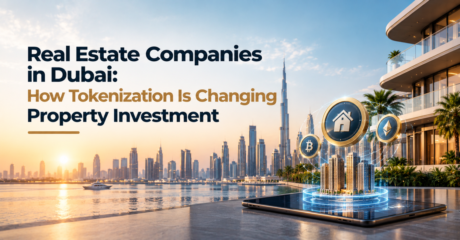 Dubai real estate tokenization concept showing property investment, digital property tokens, and a futuristic city skyline.