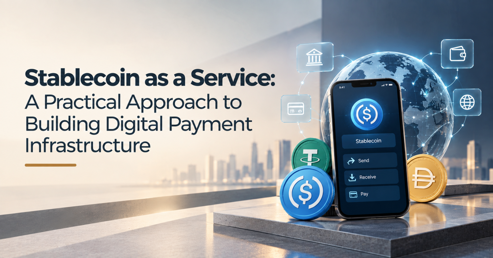 Stablecoin as a Service concept showing digital payment infrastructure, mobile wallet, stablecoin assets, and global payment connectivity.