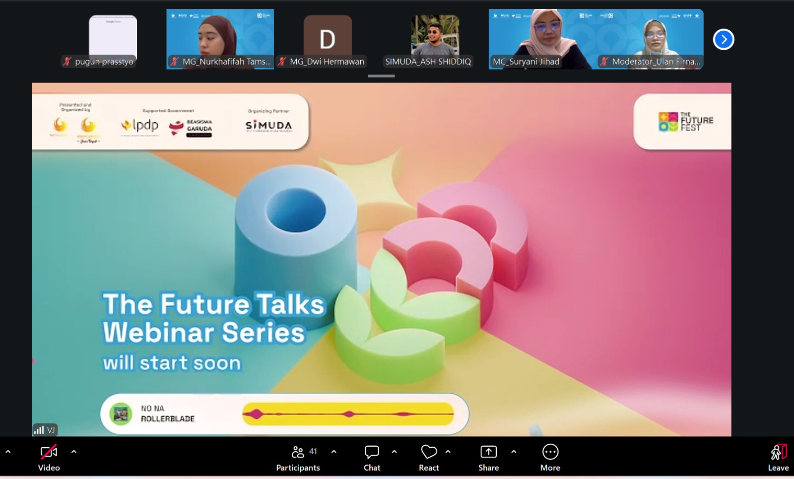 Screenshot of The Future Talks Webinar Series, an international online discussion featuring representatives from Mata Garuda LPDP, Baladama Gauda, SIMUDA, and The Future Fest, with speakers and moderators participating in a virtual meeting