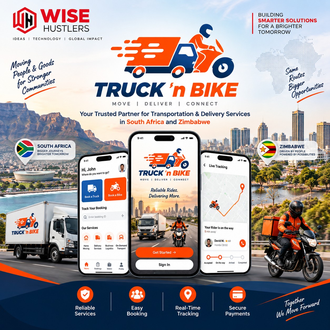 Wise Hustlers Technologies TrucknBike mobile app for transportation and delivery services in South Africa and Zimbabwe